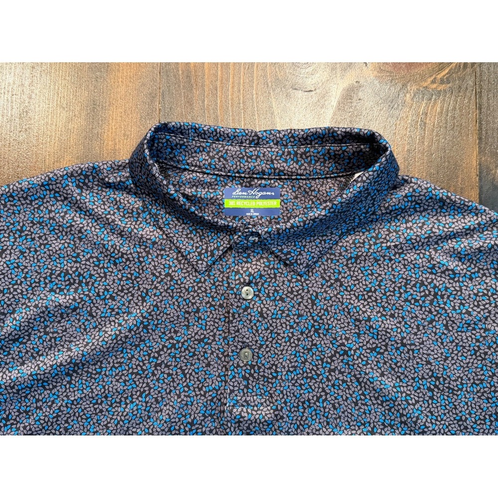 Ben Hogan Performance Mens XL Blue Leaf Print Golf Polo Shirt Short Sleeve